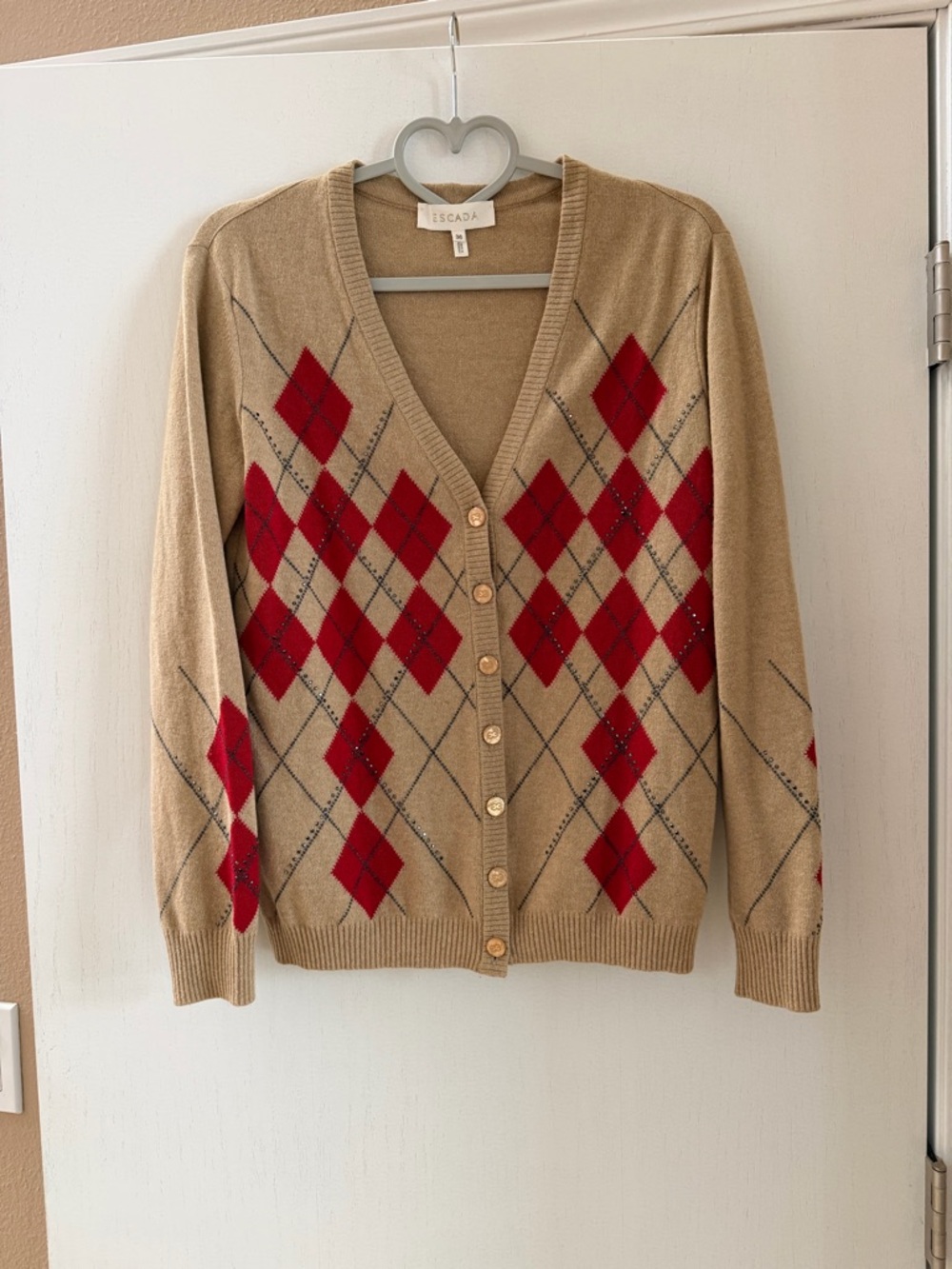 Escada Camel and Red Argyle Cashmere-Blend Cardigan